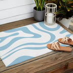 Retro Modern Liquid Swirl Abstract Pattern Square in Light Blue and White Outdoor Rug Gallery Image 2