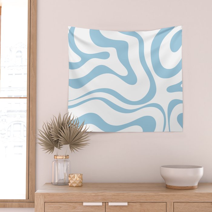 Retro Modern Liquid Swirl Abstract Pattern Square in Light Blue and White Wall Tapestry Gallery Image 2