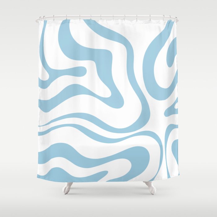 Retro Modern Liquid Swirl Abstract Pattern Square in Light Blue and White Shower Curtain Gallery Image 1