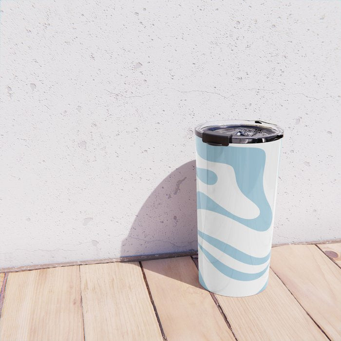 Retro Modern Liquid Swirl Abstract Pattern Square in Light Blue and White Travel Mug Gallery Image 4