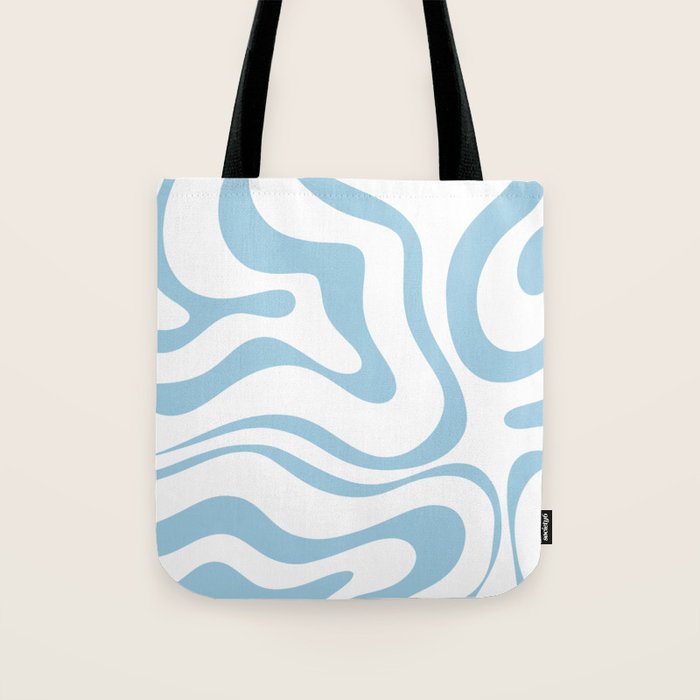 Retro Modern Liquid Swirl Abstract Pattern Square in Light Blue and White Tote Bag Gallery Image 1