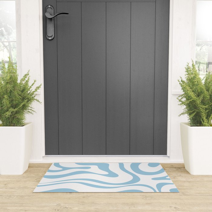 Retro Modern Liquid Swirl Abstract Pattern Square in Light Blue and White Welcome Mat Gallery Image 3