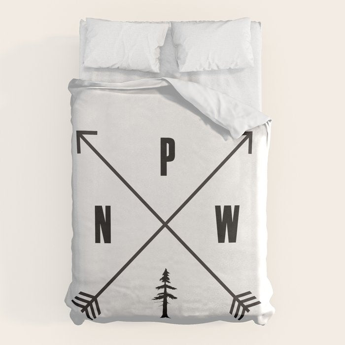 PNW Pacific Northwest Compass - Black on White Minimal Duvet Cover Gallery Image 1