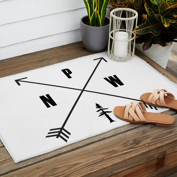 PNW Pacific Northwest Compass - Black on White Minimal Outdoor Rug Gallery Image 2