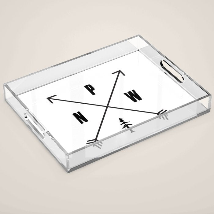 PNW Pacific Northwest Compass - Black on White Minimal Acrylic Tray Gallery Image 1