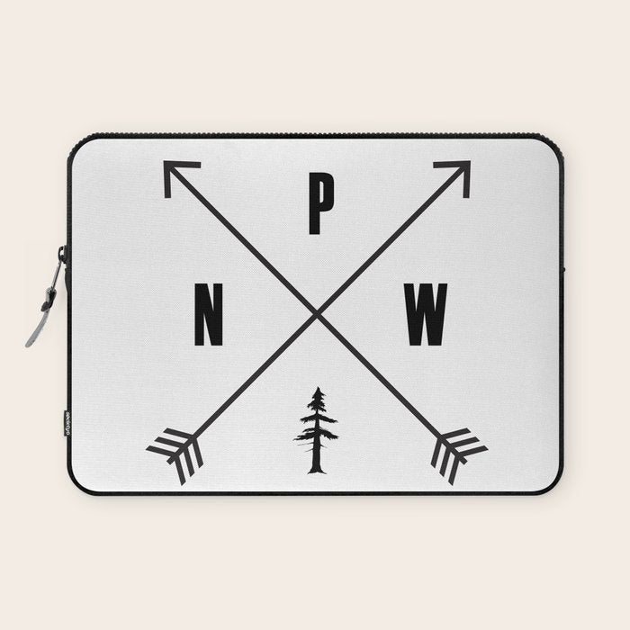 PNW Pacific Northwest Compass - Black on White Minimal Laptop Sleeve Gallery Image 1