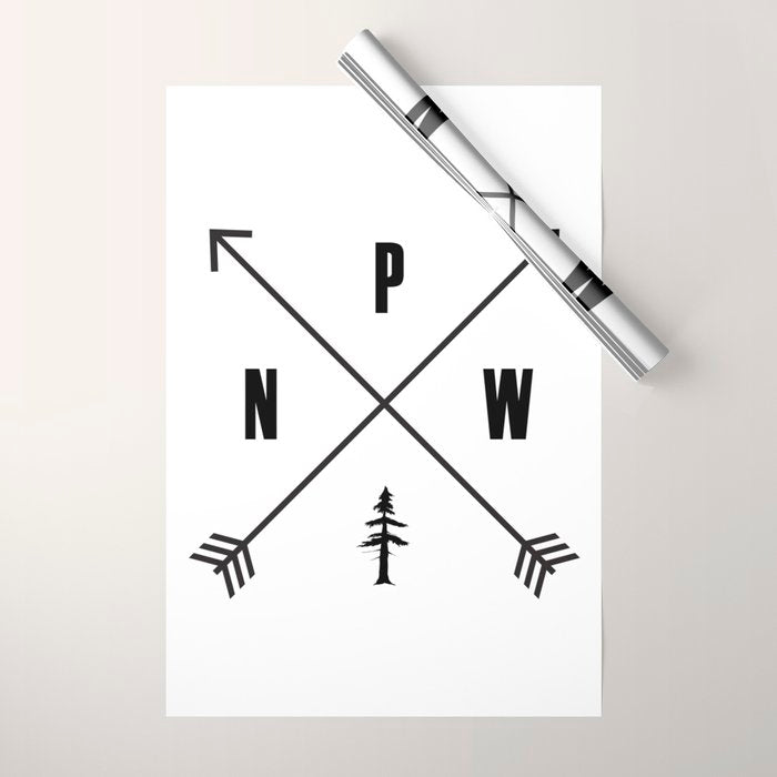 PNW Pacific Northwest Compass - Black on White Minimal Wrapping Paper Gallery Image 1