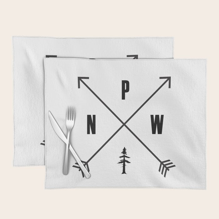 PNW Pacific Northwest Compass - Black on White Minimal Placemat Gallery Image 1