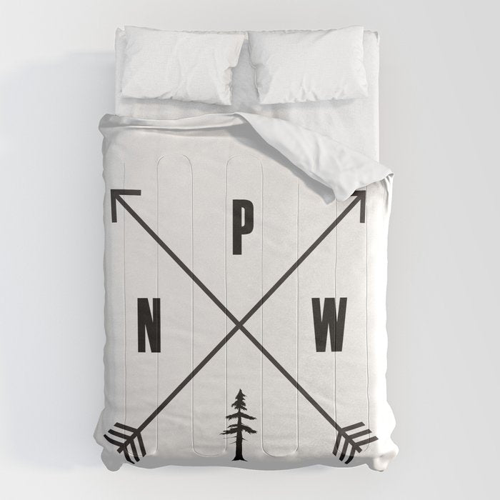 PNW Pacific Northwest Compass - Black on White Minimal Comforter Gallery Image 1