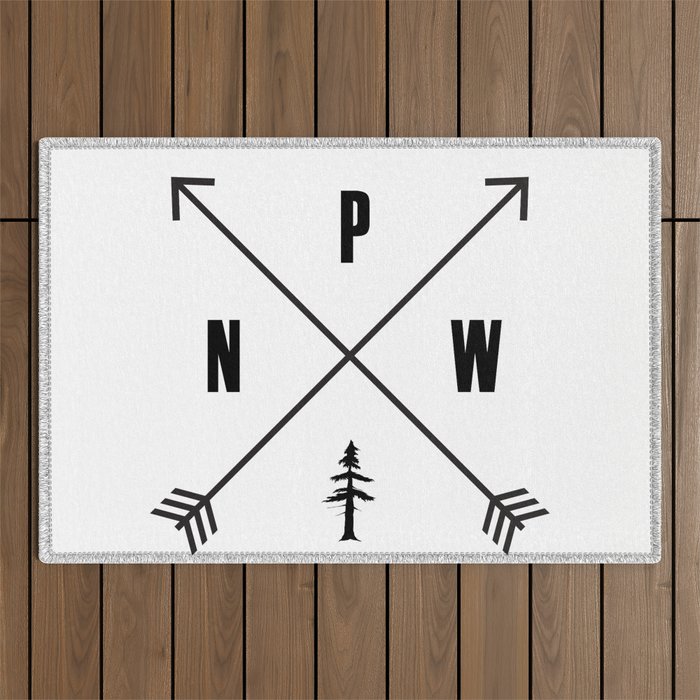 PNW Pacific Northwest Compass - Black on White Minimal Outdoor Rug Gallery Image 1