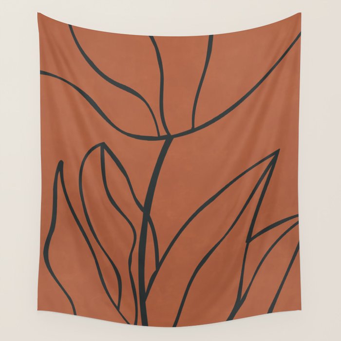 Flower Line Art, Black Brown Wall Tapestry Gallery Image 1