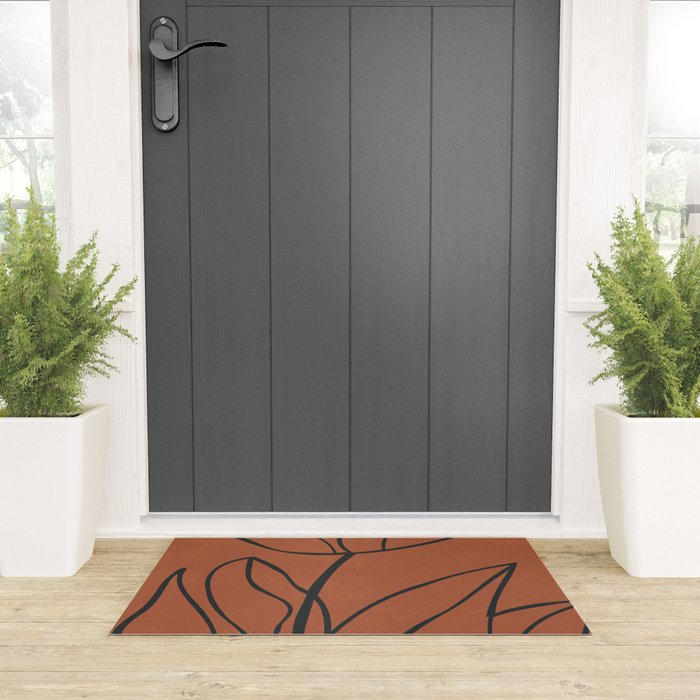Flower Line Art, Black Brown Welcome Mat Gallery Image 3