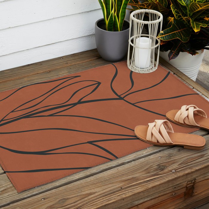 Flower Line Art, Black Brown Outdoor Rug Gallery Image 2