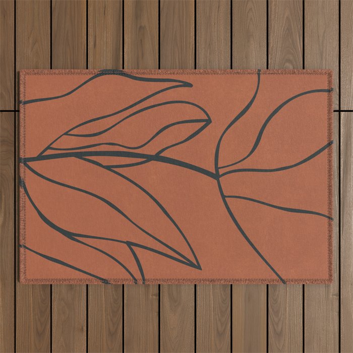 Flower Line Art, Black Brown Outdoor Rug Gallery Image 1