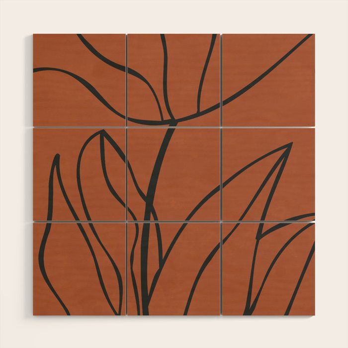Flower Line Art, Black Brown Wood Wall Art Gallery Image 1