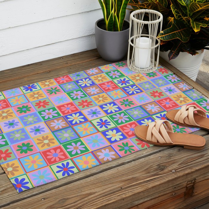 Checkered Flower Pattern  Outdoor Rug Gallery Image 2
