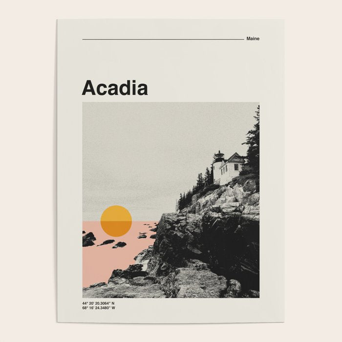 Retro National Park Poster, Acadia Maine, Vintage Mid Century Modern Poster