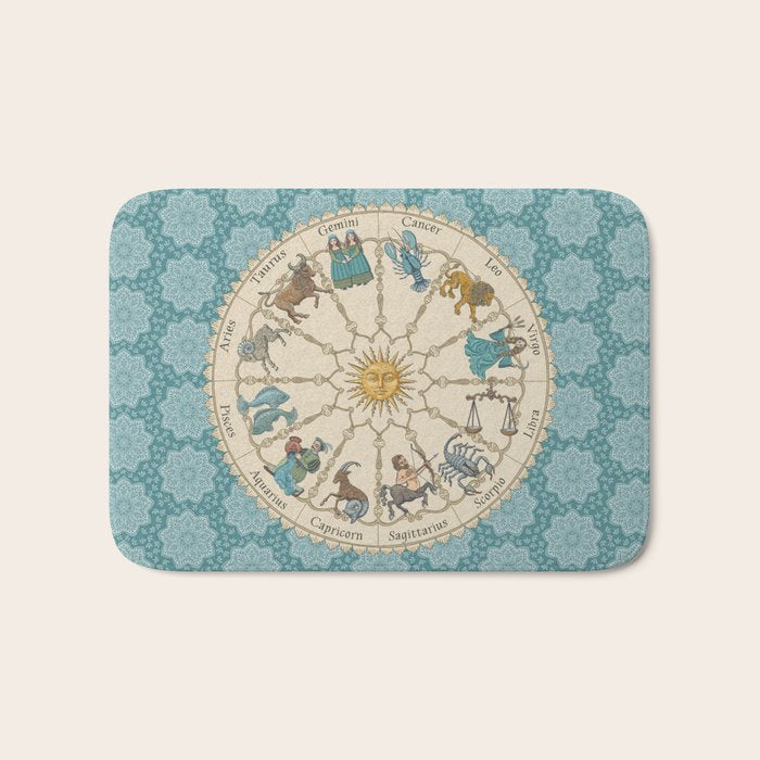 Vintage Astrology Zodiac Wheel on Teal Bath Mat Gallery Image 1