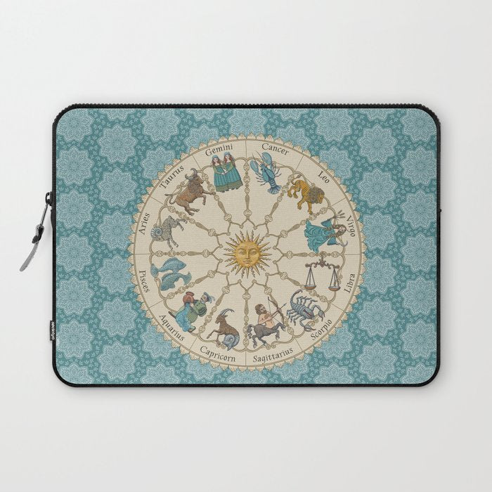 Vintage Astrology Zodiac Wheel on Teal Laptop Sleeve Gallery Image 1