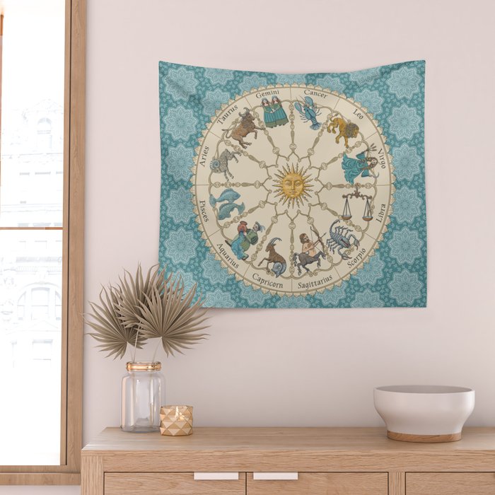 Vintage Astrology Zodiac Wheel on Teal Wall Tapestry Gallery Image 2
