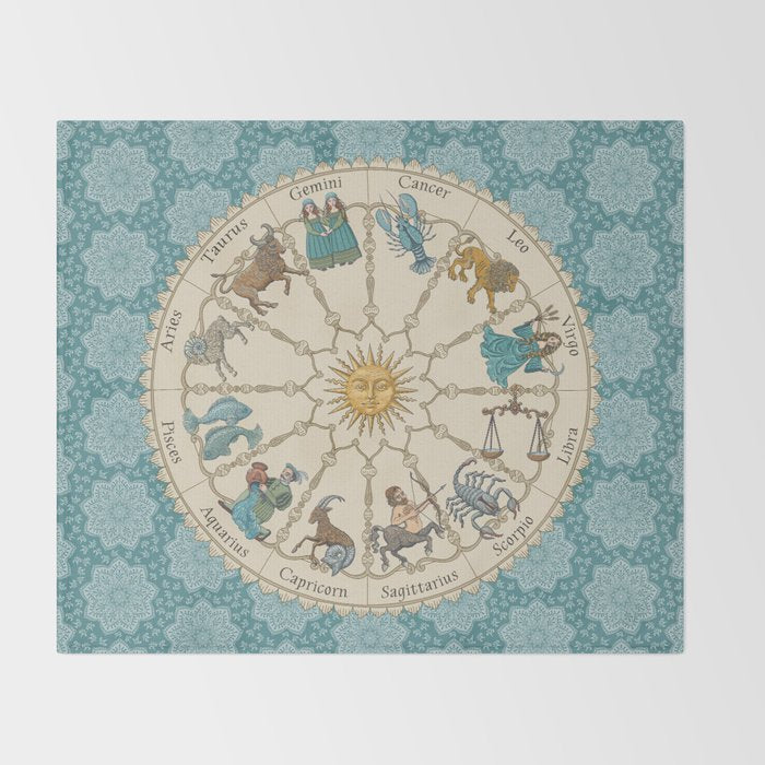 Vintage Astrology Zodiac Wheel on Teal Throw Blanket Gallery Image 2