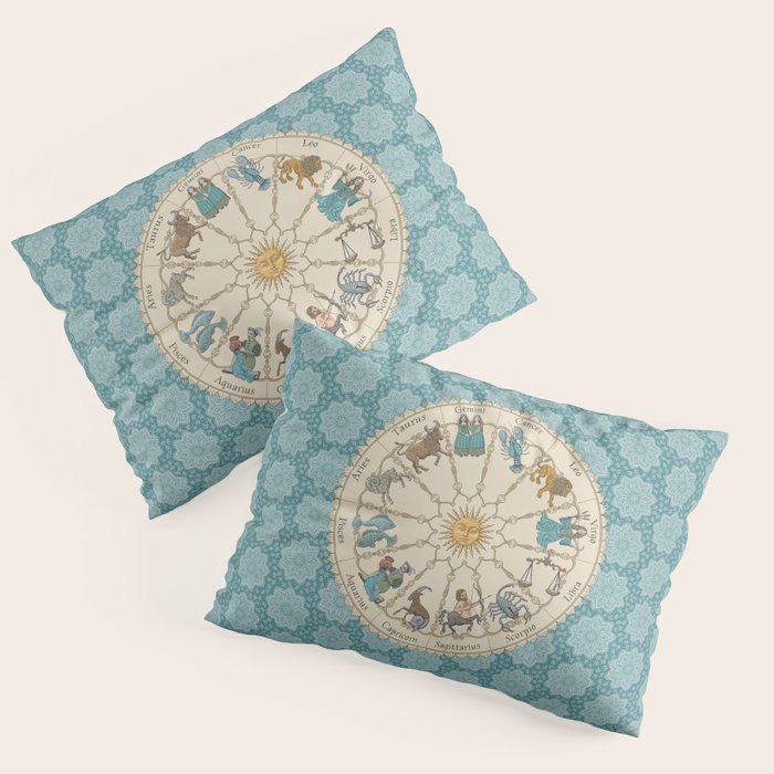 Vintage Astrology Zodiac Wheel on Teal Pillow Sham Gallery Image 3