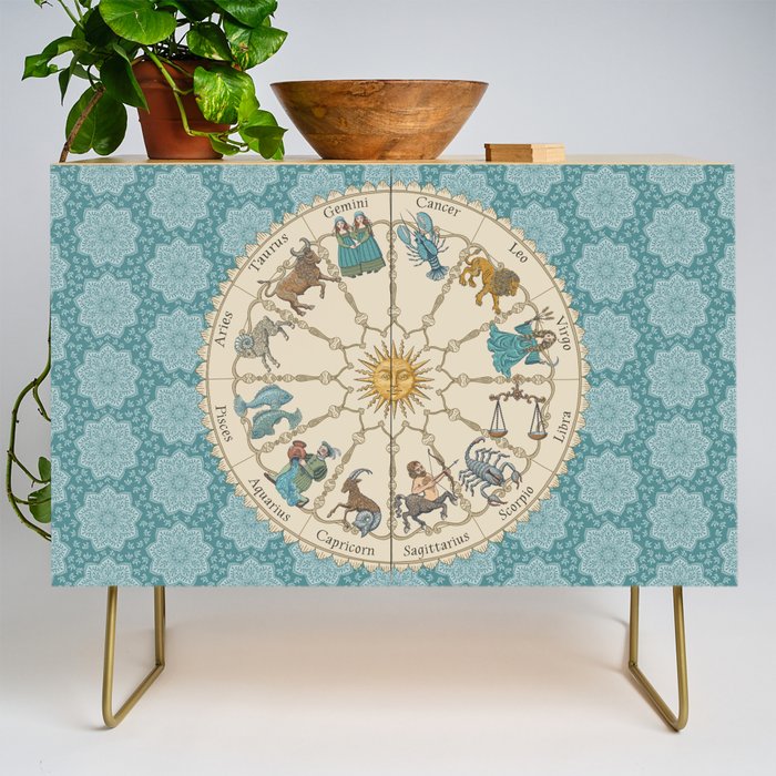 Vintage Astrology Zodiac Wheel on Teal Credenza Gallery Image 1