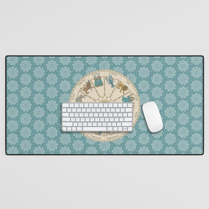 Vintage Astrology Zodiac Wheel on Teal Desk Mat Gallery Image 1