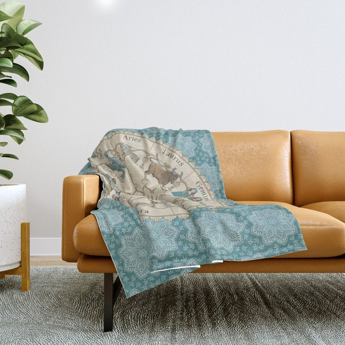 Vintage Astrology Zodiac Wheel on Teal Throw Blanket Gallery Image 1