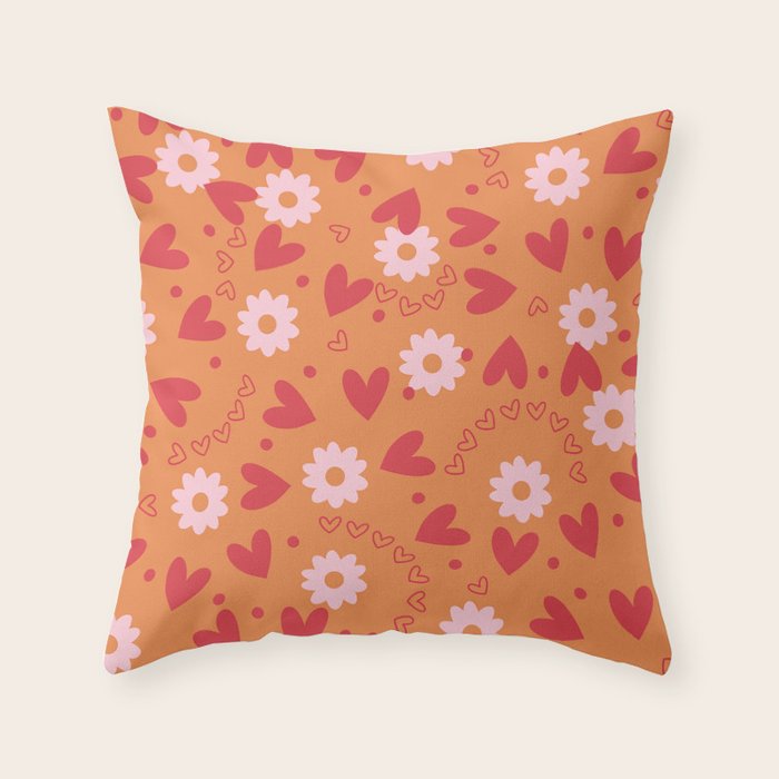 Hearts and Flowers on Orange Throw Pillow Gallery Image 6
