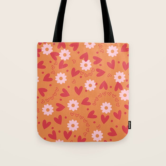 Hearts and Flowers on Orange Tote Bag Gallery Image 1