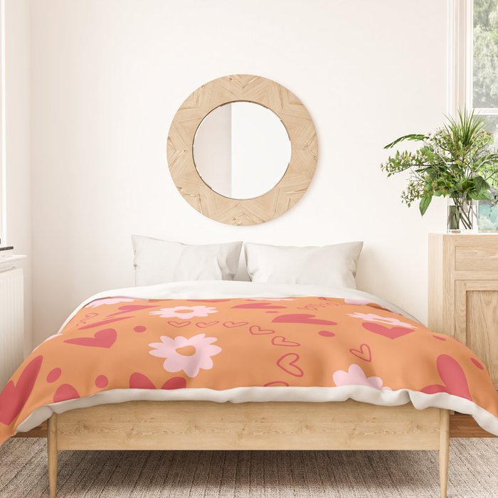 Hearts and Flowers on Orange Duvet Cover Gallery Image 3