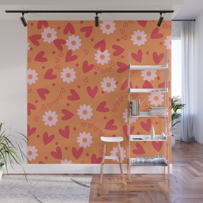 Hearts and Flowers on Orange Wall Mural Gallery Image 1