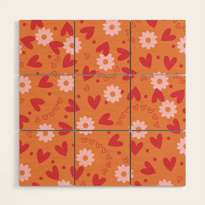 Hearts and Flowers on Orange Wood Wall Art Gallery Image 1
