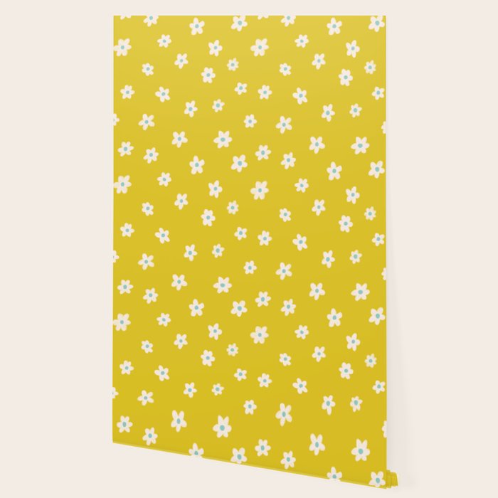 Small Daisies - Yellow, White and Turquoise Wallpaper Gallery Image 2