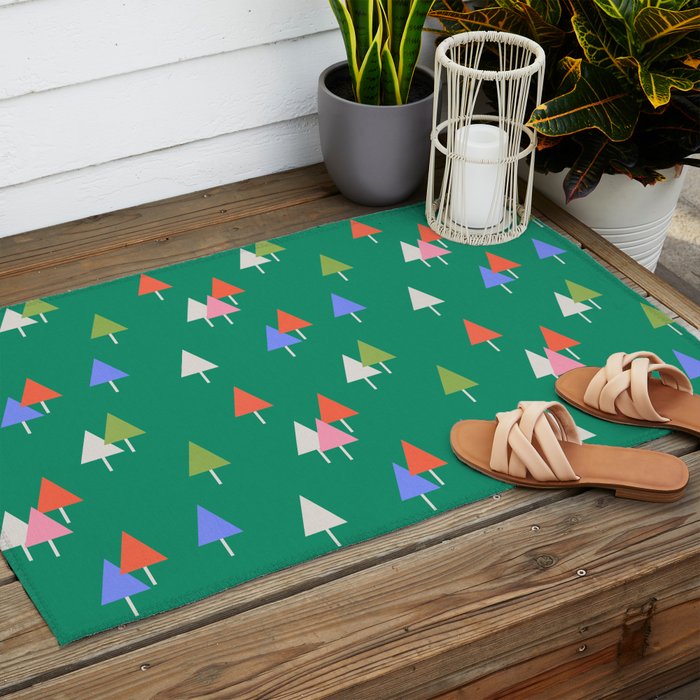 Minimalist Festive Trees on Green - Modern Holiday Pattern Outdoor Rug Gallery Image 2