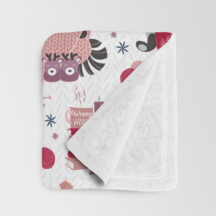 Hygge raccoon // white background Throw Blanket Gallery Image 3