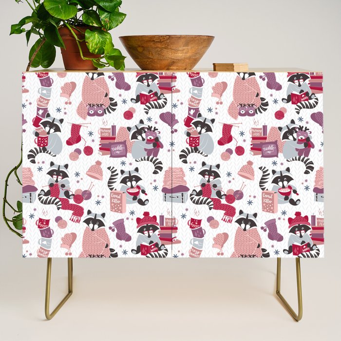 Hygge raccoon // white background Credenza Gallery Image 1