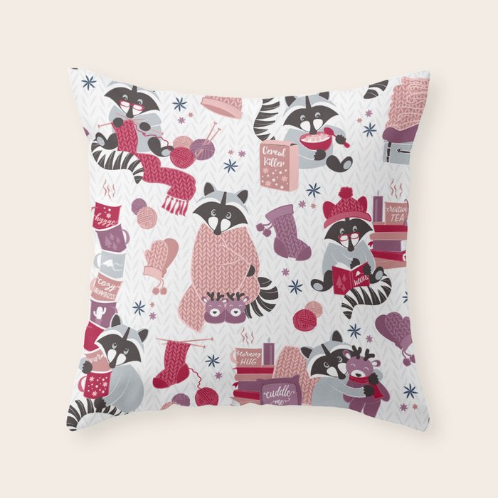 Hygge raccoon // white background Throw Pillow Gallery Image 6