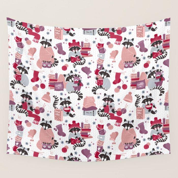 Hygge raccoon // white background Wall Tapestry Gallery Image 1