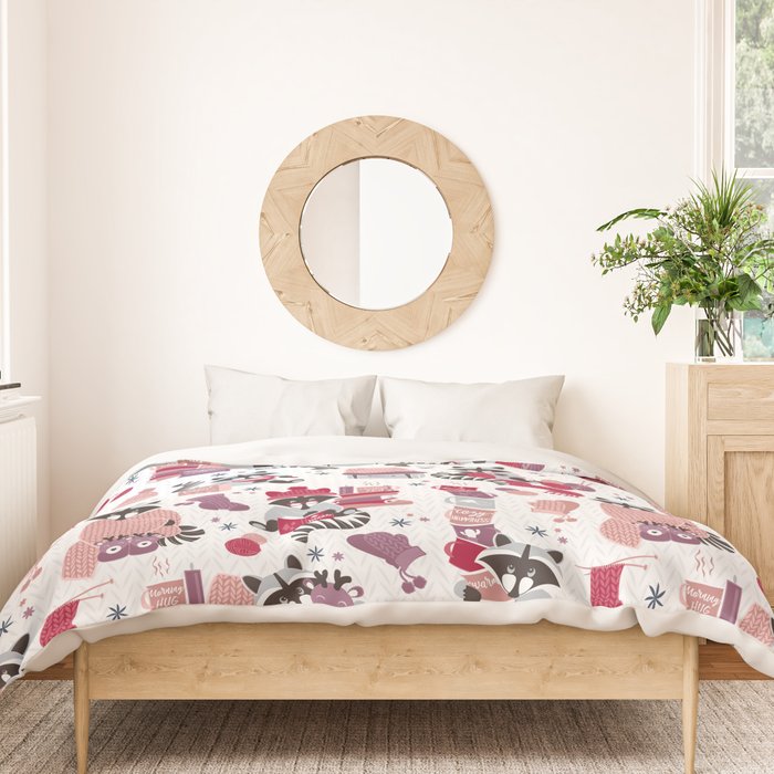 Hygge raccoon // white background Duvet Cover Gallery Image 3