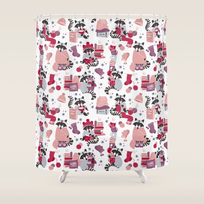 Hygge raccoon // white background Shower Curtain Gallery Image 1