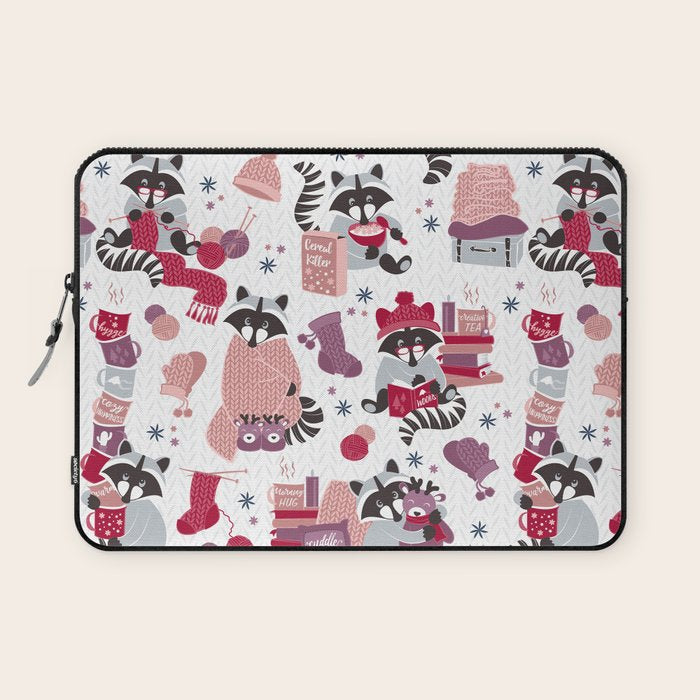 Hygge raccoon // white background Laptop Sleeve Gallery Image 1