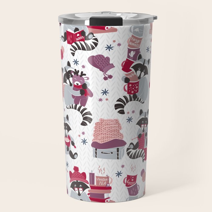 Hygge raccoon // white background Travel Mug Gallery Image 1