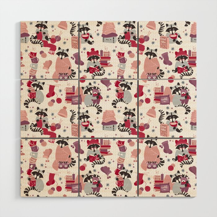 Hygge raccoon // white background Wood Wall Art Gallery Image 1