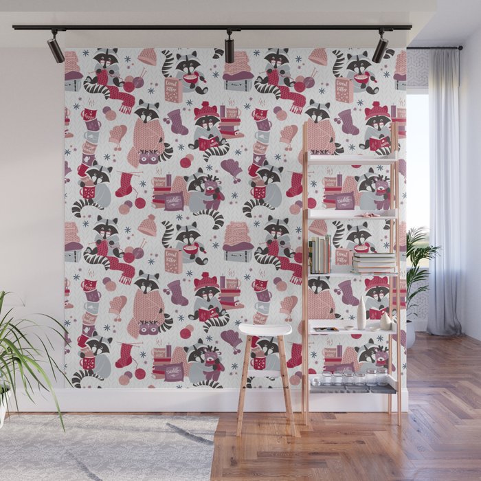 Hygge raccoon // white background Wall Mural Gallery Image 1