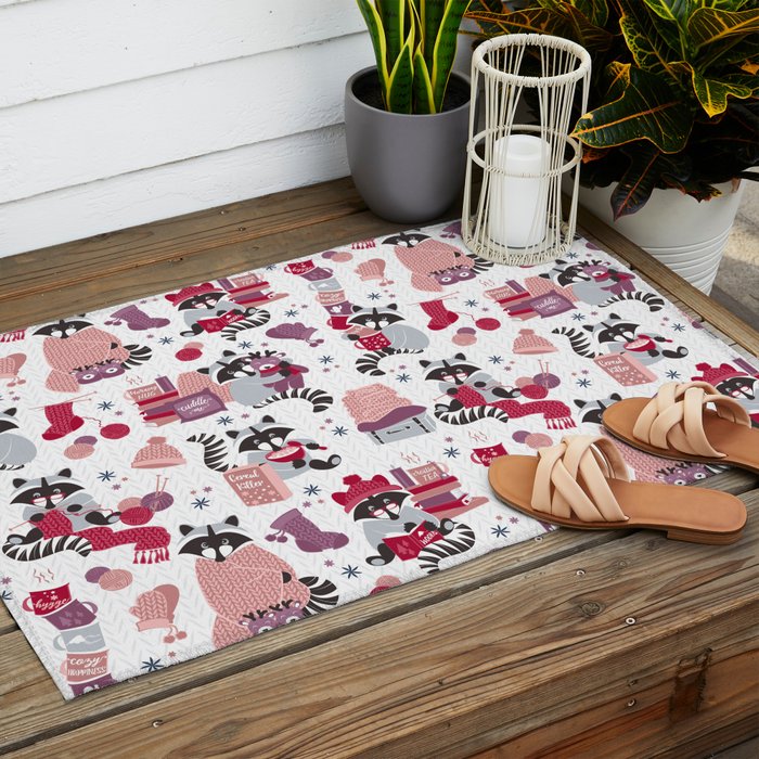 Hygge raccoon // white background Outdoor Rug Gallery Image 2