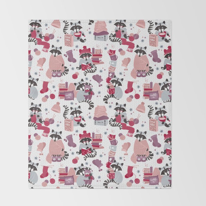 Hygge raccoon // white background Throw Blanket Gallery Image 2