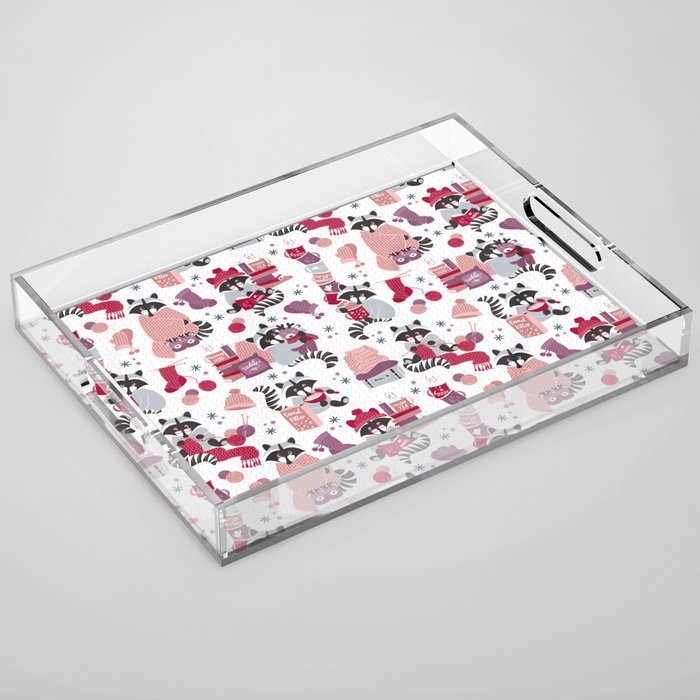 Hygge raccoon // white background Acrylic Tray Gallery Image 1