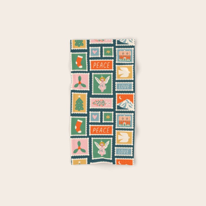 Vintage christmas postage stamp pattern Bath Towel Gallery Image 1